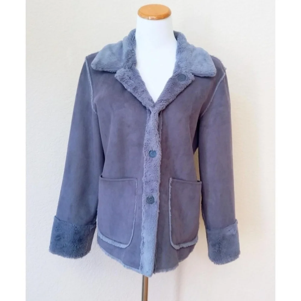 Brandon Thomas vintage Y2K blue gray/purple faux micro suede sherpa lined coat - Picture 1 of 8